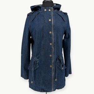 Angie 100% Cotton Hooded Long Utility Cargo Denim Jacket | Sz Small | Dark Wash